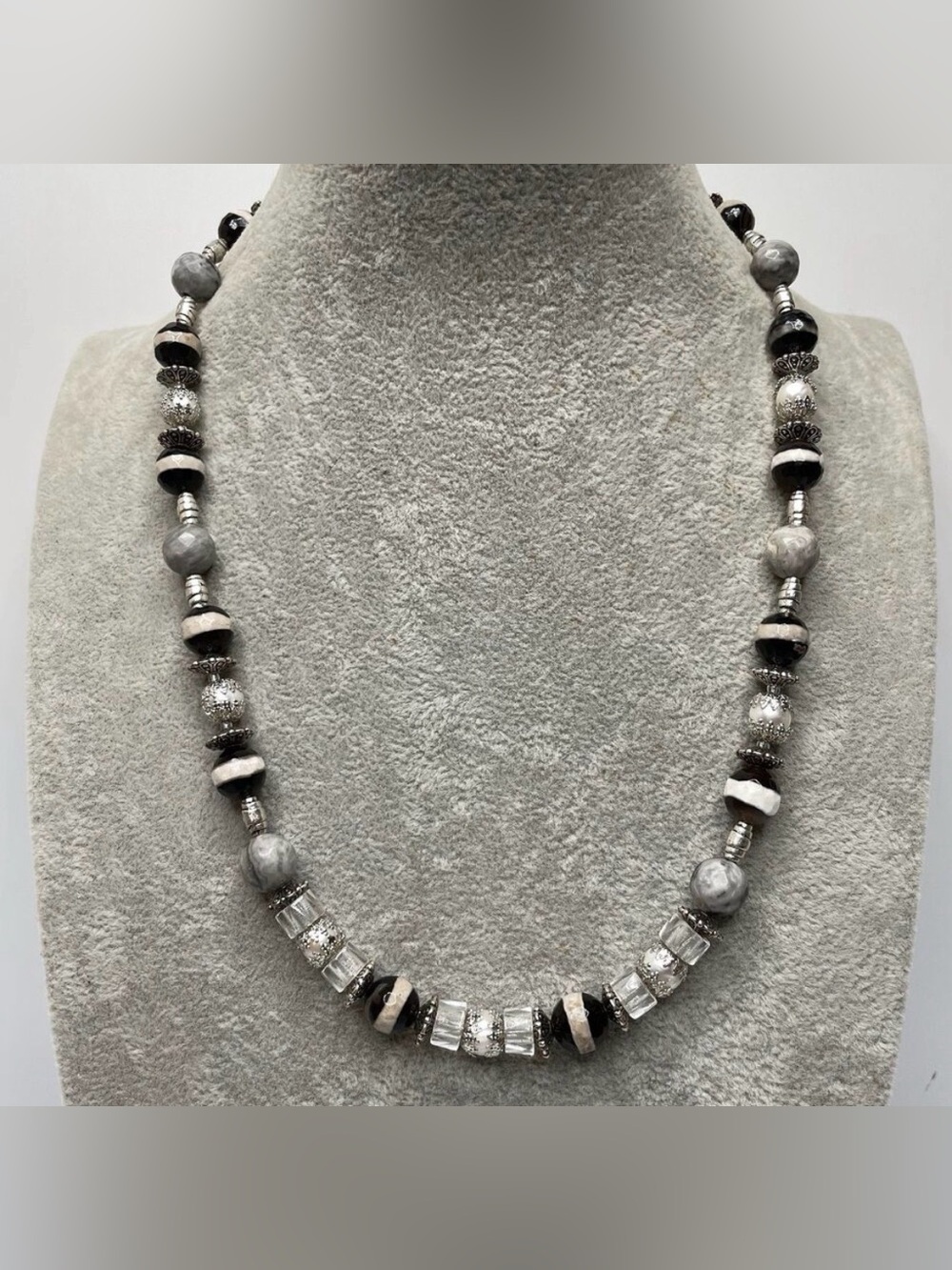 Stunning Agate Picasso Jasper Freshwater Pearl Beaded Necklace Silver Plated